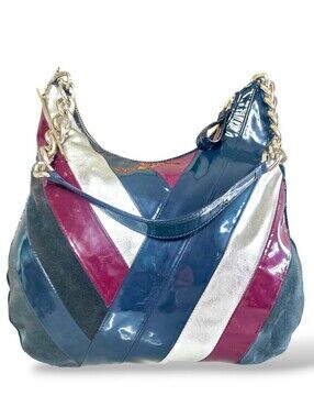 Goldenbleu Vintage Patchwork Hobo Bag in Black, Navy, Burgundy & Metallic Silver